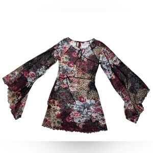 Vintage Just in Time Sheer Top Leopard Floral Boho Top Bell Sleeve Small Indie